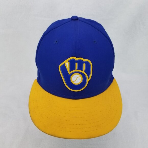 ✅New Era 59FIFTY Milwaukee Brewers Yellow Blue Authentic Baseball Hat Size 6 7/8 - Picture 2 of 9